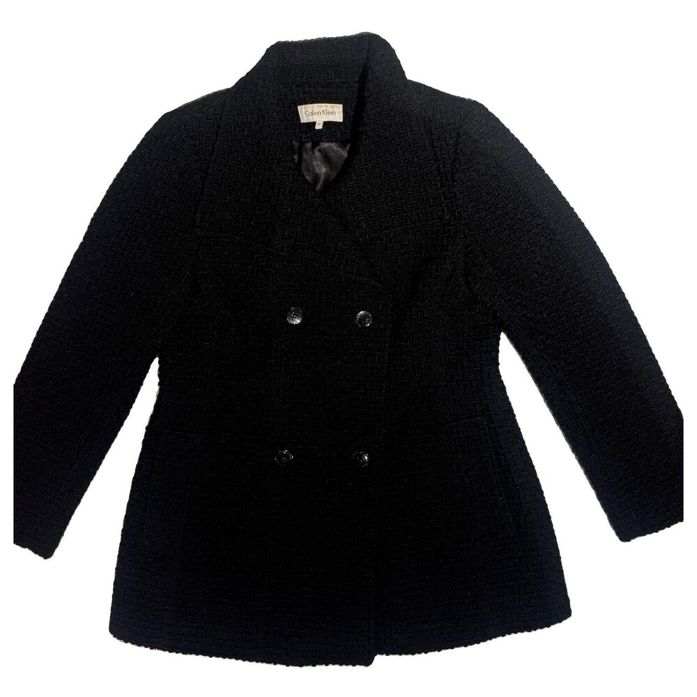 Calvin Klein Black Wool Blend Peacoat Women’s 12 Double Breasted Lined